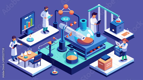 A group of scientists are working in a lab, with one of them holding a tablet. The lab is filled with various scientific equipment and tools, including a beaker, a microscope, and a laptop