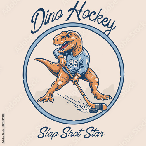 T Rex Hockey Mascot Design.Vintage Dino Hockey Badge.Slap Shot Dinosaur Star.Retro Sports Team Emblem.Cool Jurassic Player Logo