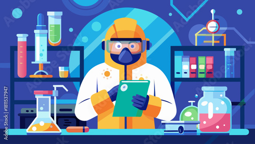 A man in a yellow suit is sitting at a desk with a green clipboard. He is surrounded by various scientific equipment and chemicals. Concept of focus and concentration as the man works on his task