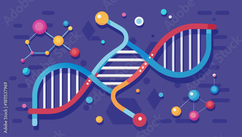 A colorful drawing of a DNA strand with a blue background. The DNA strand is made up of many different colored beads, and the beads are arranged in a spiral pattern