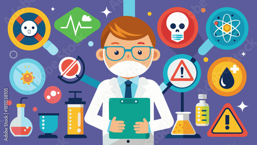 A man in a lab coat is holding a clipboard with a sign that says "danger" on it. He is surrounded by various scientific instruments and chemicals, giving the impression of a busy