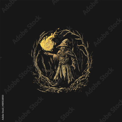 Dark, mysterious illustration in a vintage engraving style featuring a powerful wizard or sorcerer in a pointed hat casting a swirling fire spell within a circular frame of twisted, dead trees