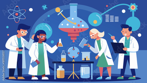 A group of scientists are working together in a lab. They are all wearing lab coats and are focused on their work. The lab is filled with various scientific equipment and tools, including beakers