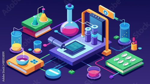 A colorful drawing of a lab with a book on a table. The book is titled "The Art of Chemistry"