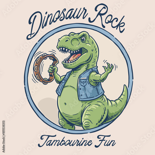 Dino Rock Music Mascot.T Rex Tambourine Fun.Vintage Dinosaur Badge.Retro Rocker Illustration.Cute Cretaceous Emblem