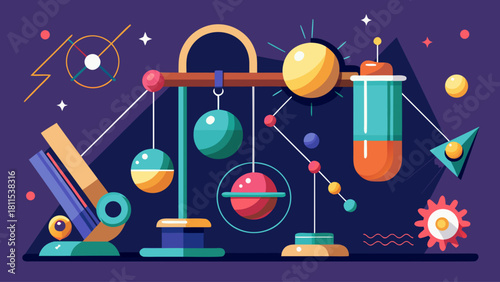 A colorful illustration of scientific equipment and objects, including a scale, a beaker, and a telescope. Scene is playful and whimsical, with a sense of curiosity and wonder