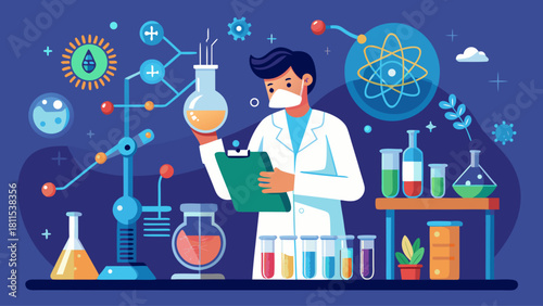 A man in a lab coat is wearing a mask and looking at a clipboard. The image is of a laboratory setting with various scientific equipment and chemicals. Scene is serious and focused