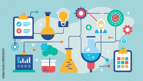 A colorful drawing of a lab with a clock on the right side. The drawing is of a lab with various scientific equipment and a person in a suit