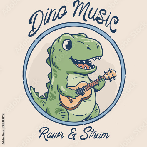 Dino Music Rawr and Strum.Cute Dinosaur Ukulele Player.Vintage Cartoon Dino Mascot.Retro T-Rex Guitar Badge.Funny Reptile Musician Print
