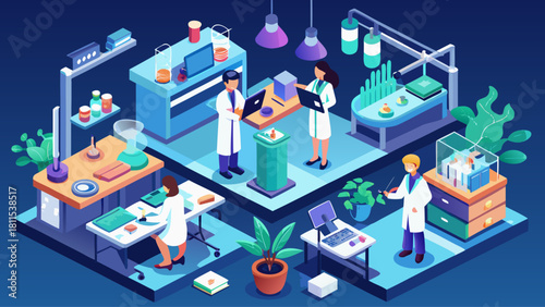 A group of scientists are working in a lab. There are several people in the room, some of them are looking at a computer screen. There are also several potted plants in the room