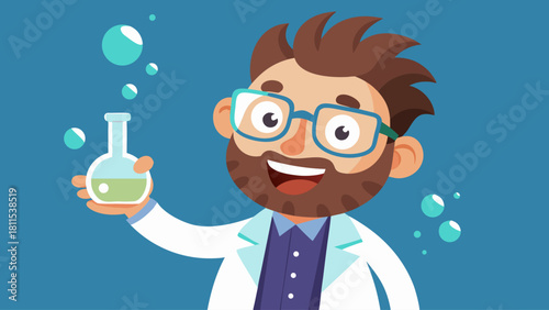 A man in a lab coat holding a beaker with bubbles in it. He is smiling and he is happy