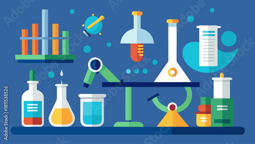 A blue background with a variety of scientific equipment and chemicals. Concept of curiosity and exploration, as well as the importance of scientific discovery and experimentation