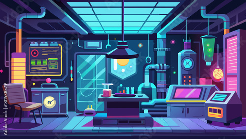 A neon colored room with a clock on the wall and a chair in the foreground. The room is filled with various scientific equipment and objects, giving it a futuristic and industrial feel