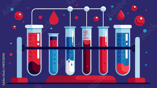 A blue and red background with a row of glass beakers with red liquid in them. The beakers are arranged in a row and are labeled with numbers