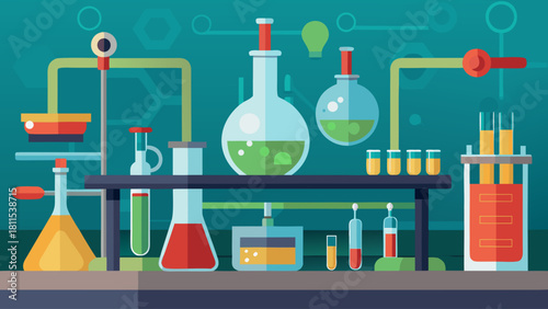 A colorful image of a chemistry lab with various glassware and chemicals. Scene is scientific and educational