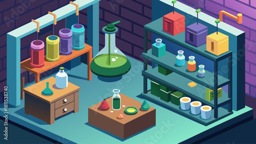 A cartoonish drawing of a laboratory with shelves full of bottles and jars. Scene is scientific and serious
