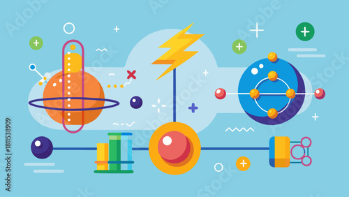 A blue background with a lot of different shapes and colors. The shapes are all connected to each other and some of them are labeled with numbers. The image is about science and technology