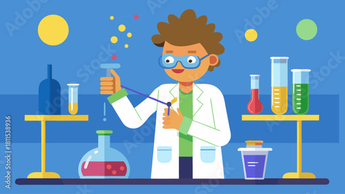 A young man in a lab coat is conducting an experiment. He is wearing safety goggles and has a smile on his face. The lab is filled with various scientific equipment, including beakers, test tubes