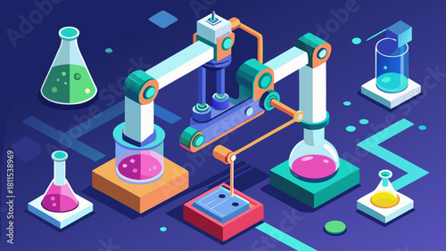A colorful drawing of a lab with a robot and a beaker. The robot is pouring liquid into a beaker