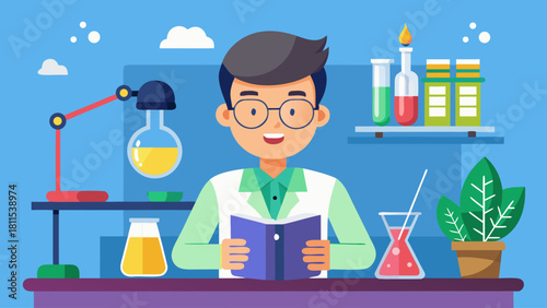 A man is reading a book in a laboratory setting. The scene is bright and cheerful, with a potted plant in the background and various scientific equipment on the table