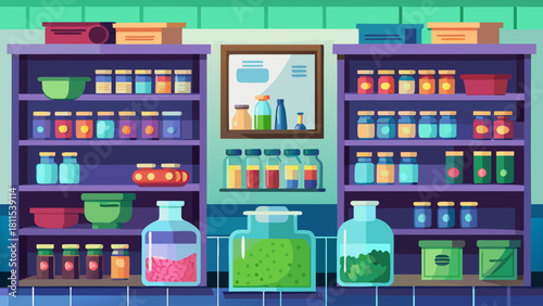 A store with shelves full of jars and bottles. The jars are of different sizes and colors. The store is full of jars and bottles, and it looks like a store that sells various items