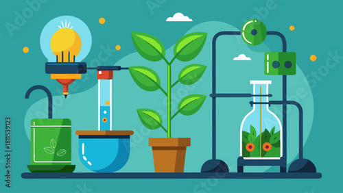 A drawing of a lab with a plant in a pot and a light bulb. The drawing is of a scientific experiment