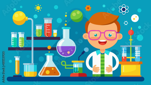 A young man in a lab coat is smiling and standing in front of a table full of scientific equipment