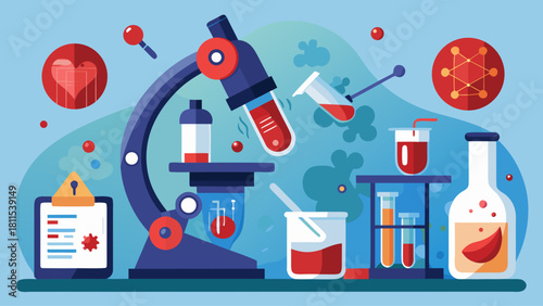 A blue lab table with a microscope, a bottle of red liquid, and a bottle of green liquid