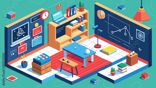 A cartoon drawing of a classroom with a clock on the wall and a desk with a laptop. The room is decorated with books and a potted plant