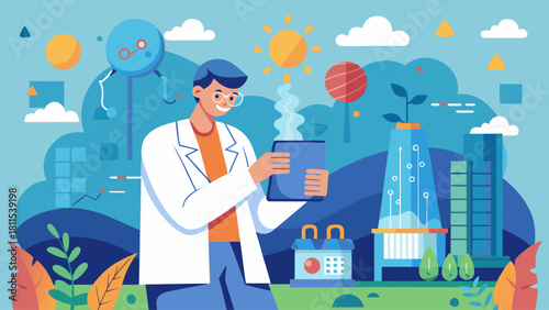 A man in a lab coat is holding a cup of coffee in a city setting. Concept of innovation and progress, as the man is likely a scientist or researcher working on new technologies or ideas