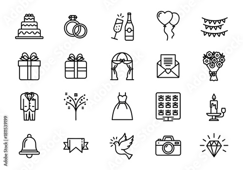 Wedding day linear icons set. Collection of simple outline pictograms for marriage ceremony, bridal party, and romantic celebration