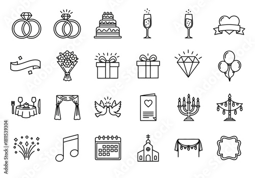 Set of wedding and celebration line icons. Includes rings, cake, church, and invitation symbols for marriage ceremony graphics. Vector illustration collection