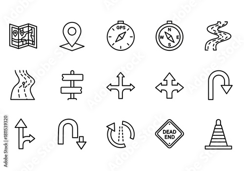 Set of thin line icons for navigation, direction, and travel, featuring maps, compass, road signs, and location pins, ejrhknoy (13)