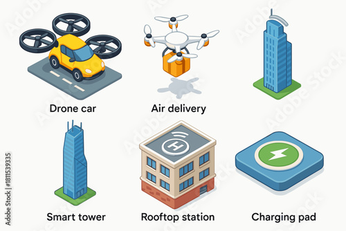 Futuristic transportation modes and infrastructure icons featuring drone car and smart tower