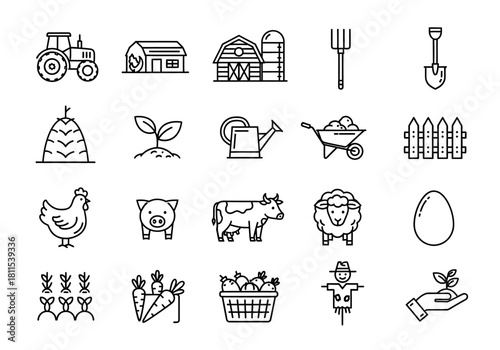 Set of farm and agriculture line icons. Vector illustration of farming equipment, livestock animals, and harvest produce symbols