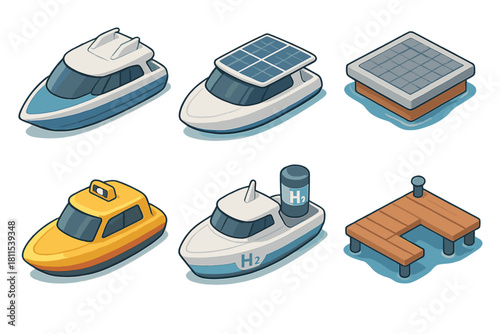Cartoon boats and dock illustration featuring solar and hydrogen-powered designs