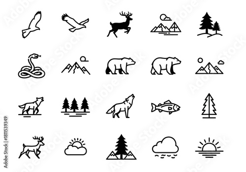 A set of outline icons featuring wild forest animals and mountain nature symbols, including bear, wolf, deer, and pine trees