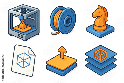 3d printing icons: printer, filament, chess knight, file, layers, arrow