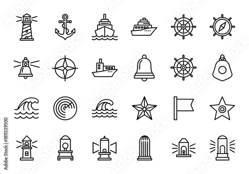 Linear icon set for marine and nautical topics, featuring a ship's wheel, anchor, lighthouse, and wave symbols for web and graphic design