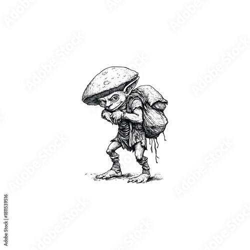 Detailed vintage engraving style illustration of a small fantasy creature, such as a goblin or imp, wearing a mushroom cap and carrying a heavy sack