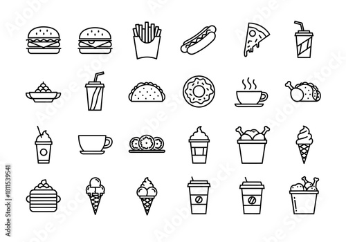 Set of minimalist line art icons depicting various fast food, snacks, and beverages for graphic design projects. A collection of outline symbols for junk food and drinks,ejrhknoy (23)
