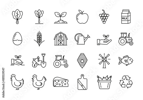 Agriculture and farming thin line icon set featuring organic food, livestock, and farm equipment symbols for web and mobile