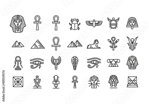 Ancient Egypt icon set featuring thin line hieroglyphic symbols. Vector collection of mythology, culture, and historical sacred elements