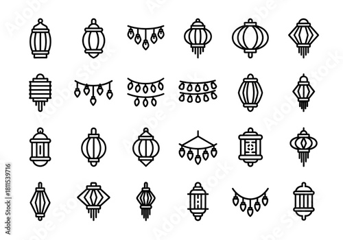 Collection of traditional lantern line icons for cultural celebrations, featuring decorative hanging lamps and festive string lights