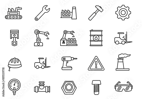 Collection of industrial thin line icons representing manufacturing, automation, engineering, and construction for graphic design projects