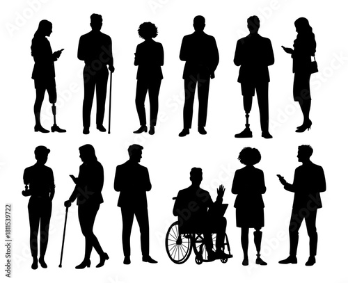 Set of black silhouettes of diverse people, including business and professional attire, with mobility aids. Full-body poses isolated on transparent background, modern minimalist vector style