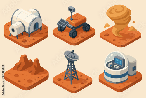 Mars exploration: rover, tornado, habitat, antenna, landscape, lab icons on red planet