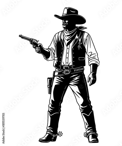 Classic Cowboy Holding Pistol Vector, Western Sheriff or Gunslinger Illustration
