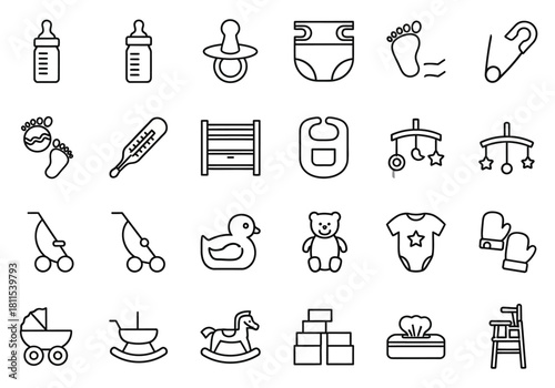 A comprehensive collection of baby and newborn essentials line icons for parenting and childcare themes, including toys, clothing, and feeding accessories