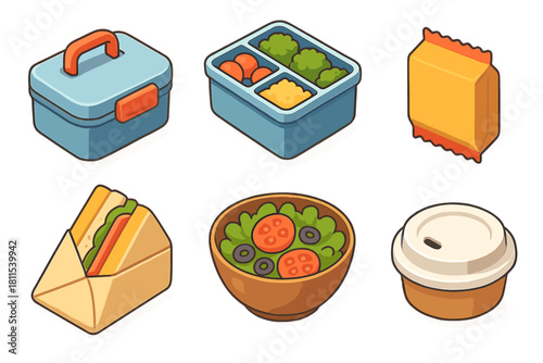 Colorful assorted lunchbox items: sandwich, salad, snack pack, food containers